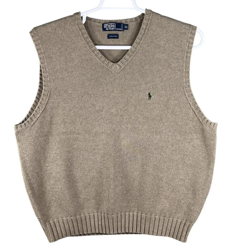 Polo Ralph Lauren Mens XL Tan Knit Sweater Vest Logo Golf Quiet Luxury Old Money